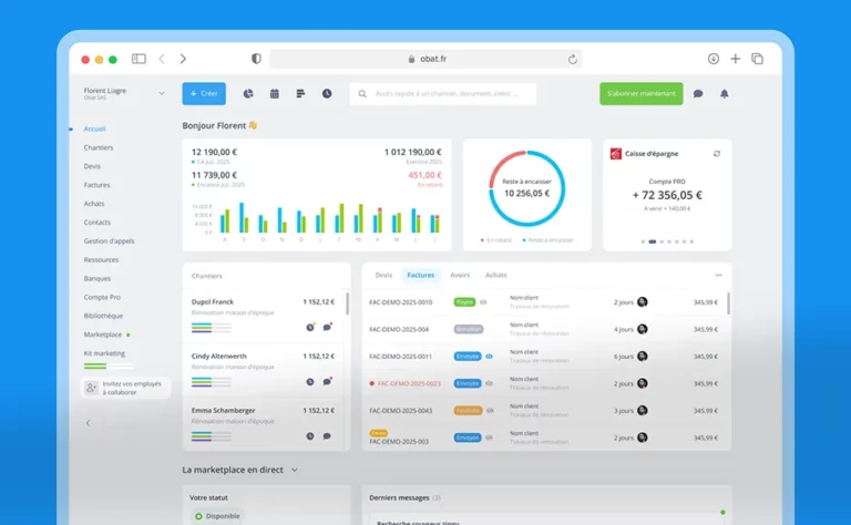 Tableau de bord du logiciel Obat avec suivi des factures, devis et trésorerie